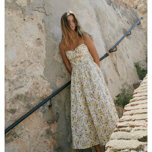 Zara Yellow Floral Print Poplin Strappy Midi Dress Size M